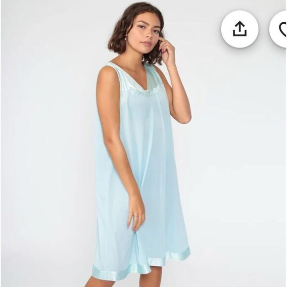 Vintage 80s Vanity Fair Blue Nightgown Lingerie Slip Dress Babydoll Size Medium - Picture 10 of 10